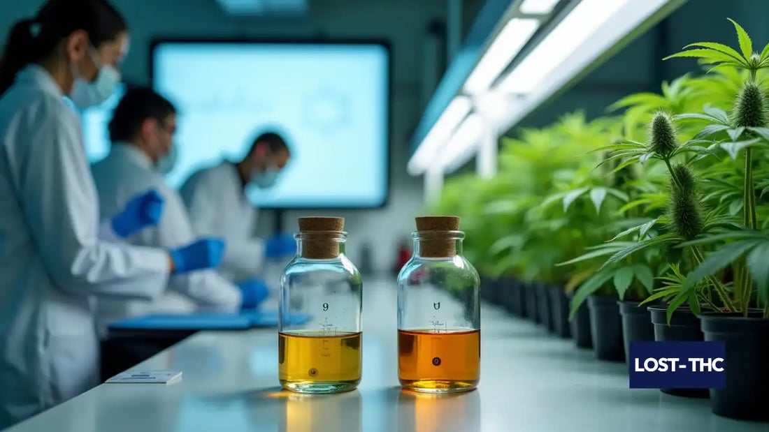 THCA vs Delta-9 THC Two hemp cannabinoid extract samples in glass vials beside cannabis plants in a research lab setting – Lost-THC